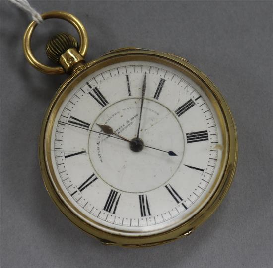 A late Victorian 18ct gold keyless chronograph pocket watch, by Fattorini & Sons.